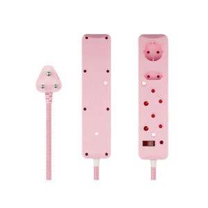 1. Pink electrical power strip with multiple outlets and a braided extension cord, suitable for home and office use.